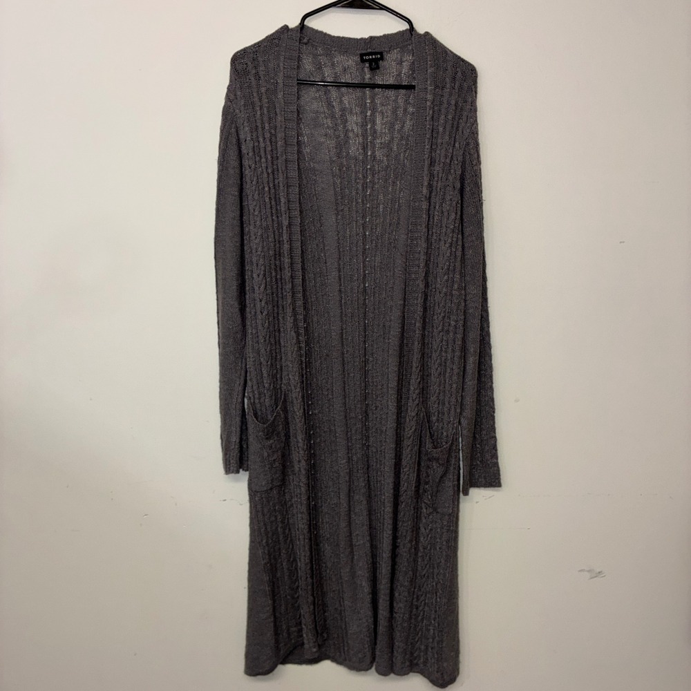 354 Torrid Cardigan 2 Gray Longline Open Front Cable Knit Duster Pocket